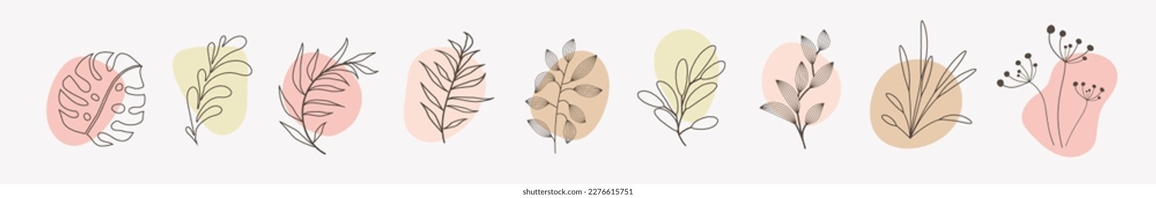 Vector abstract organic story highlight cover templates isolated on white background. Botanical illustration in pastel neutral earth tone colors. Hipster Danish design elements set