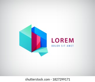 Icono de cristal de origami abstracto vectorial, logotipo aislado. Estructura geométrica, forma de construcción, marca
