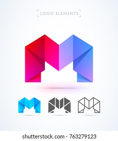 Vector abstract origami letter M logo design template. Material design, flat and line-art style