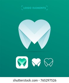 Vector abstract origami letter M and tooth logo design template. Material design, flat and line-art style