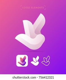 Vector abstract origami logo template. Material design, flat, line-art icon style. Paper ribbon. Green leaves