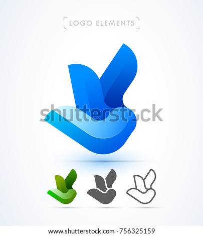 Vector abstract origami logo template. Material design, flat, line-art icon style. Paper ribbon. Green leaves