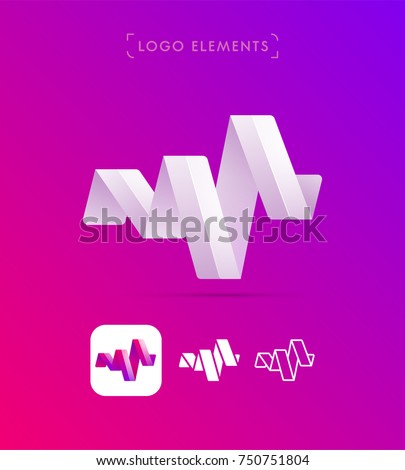 Vector abstract origami music wave logo template, ribbon app icon. Material design, flat and line-art style