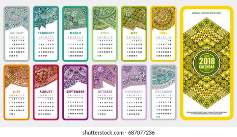 Vector abstract ornamental ethnic 2018 Year Calendar design. English, sunday start