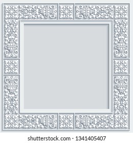 Vector abstract ornamental ethnic vintage frame. Modern volumetric floral elements. Trendy craft style illustration