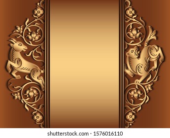 Vector abstract ornamental nature and animal vintage border. Floral decorative card design. Trendy craft style illustration. 3d effect imitation 
