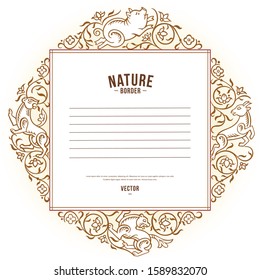 Vector abstract ornamental nature and animal vintage border. Floral decorative card design. 