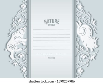 Vector abstract ornamental nature and animal vintage border. Floral decorative card design. Trendy craft style illustration. 3d effect imitation