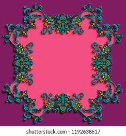 Vector abstract ornamental nature vintage frame. Modern color volumetric floral elements. Trendy craft style illustration