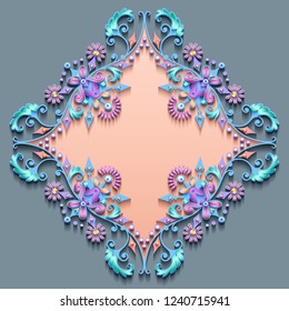 Vector abstract ornamental nature vintage frame. Modern color volumetric floral elements. Trendy craft style illustration