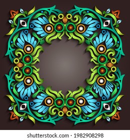 Marco vintage de naturaleza ornamental abstracta vectorial. Elementos florales volumétricos de color moderno. Ilustración de estilo artesanal de moda