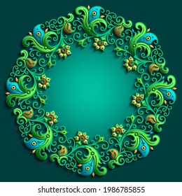 Vector abstract ornamental nature vintage frame. Modern color volumetric floral elements. Trendy craft style illustration
