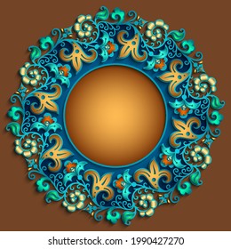 Vector abstract ornamental nature vintage round frame. Modern color volumetric floral elements. Trendy craft style illustration