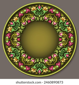 Vector abstract ornamental nature vintage round frame. Modern color volumetric floral elements. Trendy craft style illustration