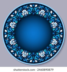 Vector abstract ornamental nature vintage round frame. Modern color volumetric floral elements. Trendy craft style illustration