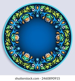 Vector abstract ornamental nature vintage round frame. Modern color volumetric floral elements. Trendy craft style illustration