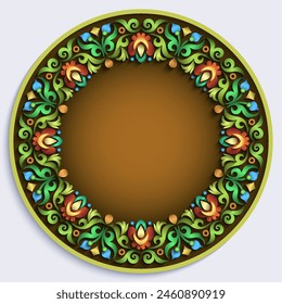 Vector abstract ornamental nature vintage round frame. Modern color volumetric floral elements. Trendy craft style illustration