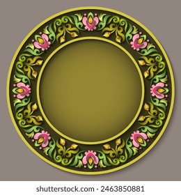 Vector abstract ornamental nature vintage round frame. Modern color volumetric floral elements. Trendy craft style illustration