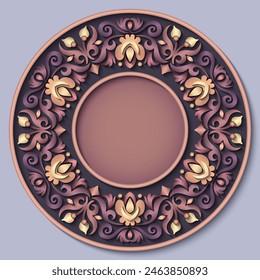 Vector abstract ornamental nature vintage round frame. Modern color volumetric floral elements. Trendy craft style illustration