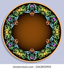 Vector abstract ornamental nature vintage round frame. Modern color volumetric floral elements. Trendy craft style illustration