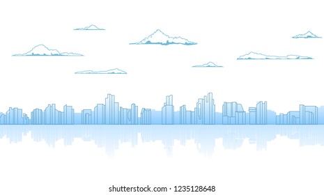vector abstract outline cityscape with cloudy sky and reflection