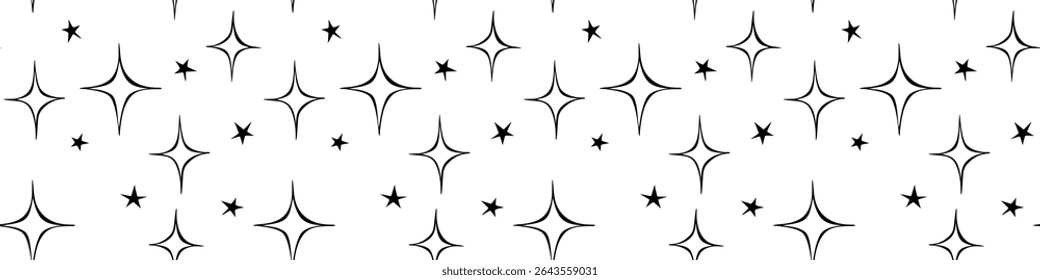 Vetor abstrato contorno padrão sem emenda com brilho, faíscas. Textura infantil com brilho no estilo doodle. Estrelas brilhando, cintilantes, brilhando, cintilando. Textura de tela de fundo, design de quebra automática