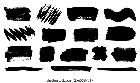 Vector abstract paint brush splash set, ink stains design elements. Grunge texture background, creative shapes illustrations isolated on white, for social media, packaging.