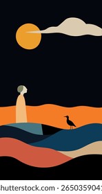 vector abstract painting with a woman and a seagull in the sea