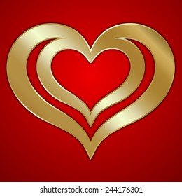 Vector abstract pair of golden hearts on red background, Saint Valentine greeting item
