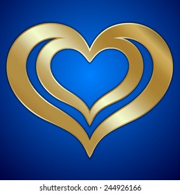 Vector abstract pair of golden hearts on blue background, Saint Valentine greeting item