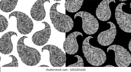 Vector abstract Paisley seamless pattern. Stylized floral elements, fantastic flowers, leaves. Black and white hand drawn textile bohemian print. Batik, wallpaper, wrapping