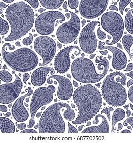 Vector abstract Paisley seamless pattern.Floral elements with fantastic flowers, leaves. Dark indigo blue hand drawn silhouette on a white background.Textile bohemian print, batik wallpaper, wrapping 