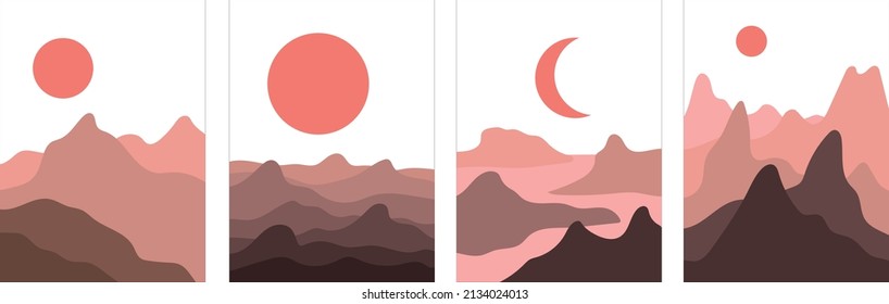 Vector abstract panorama of contemporary aesthetics set of landscape background with mountains, road, sunrise, sunset. Boho wall decor in flat style. Mid-century modern minimalist art and design