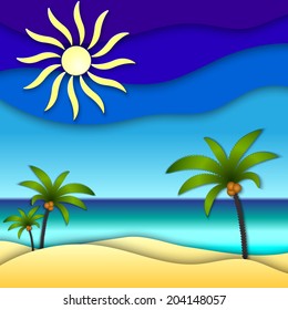 vector abstract paper collage illustration with sun, sea, beach and palm trees