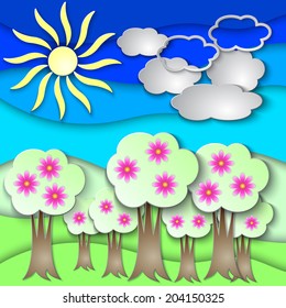 Vector abstract paper collage illustration with spring trees