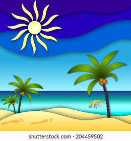 vector abstract paper collage illustration with sun, sea, beach and parasol