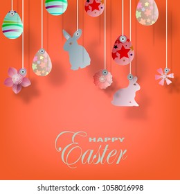 Vector abstract paper cut illustration of colorful paper art easter rabbit, grass, flowers and blue egg shape. Happy easter greeting card.