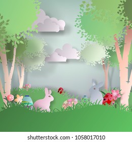 Vector abstract paper cut illustration of colorful paper art easter rabbit, grass, flowers and blue egg shape. Happy easter greeting card.