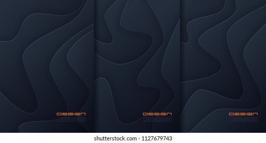 Vector abstract paper cut wavy backgrounds, futuristic cover designs, trendy brochure templates. Global swatches.