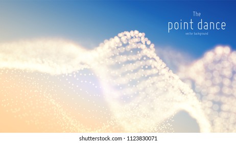 Vector abstract particle wave, points array with shallow depth of field. Futuristic illustration. Technology digital splash or explosion of data points. Point dance waveform. Cyber UI, HUD element