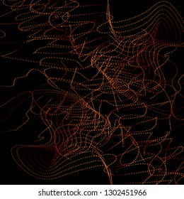 Vector abstract particle wave, points array on a black background. Flame dots design. Chaotic dance of shining red, yellow lights. Vector futuristic illustration.