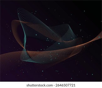 Partículas abstractas de Vector con líneas de onda brillantes sobre fondo azul oscuro.