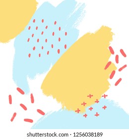 Vector abstract pastel background with hand drawn textures, memphis style. Stylish vector design for fabric, wallpaper, wrapping. Pattern for poster, card, invitation, placard, brochure, flyer