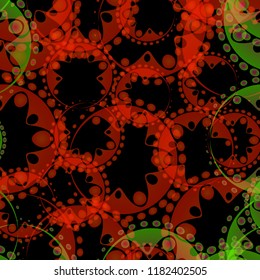 Vector abstract pastel pattern of orange and green soap bubbles and gears in bright design on a black background for fabric or home textile items. To design and design items for kids and moms.