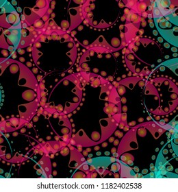 Vector abstract pastel pattern of pink and blue soap bubbles and gears in bright design on a black background for fabrics or household textiles. To design and design items for kids and moms.