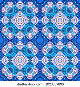 Vector abstract patch seamless pattern. Mosaic background in violet, gray and blue colors.
