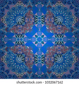 Vector abstract patch seamless pattern. Mosaic background in neutral, blue and violet colors.