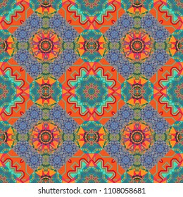 Vector abstract patch seamless pattern. Mosaic background in pink, blue and orange colors.