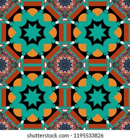 Vector abstract patch seamless pattern. Mosaic background in green, orange and black colors.