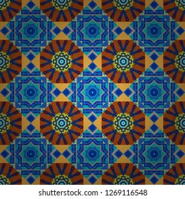 Vector abstract patch seamless pattern. Mosaic background in blue, yellow and magenta colors.